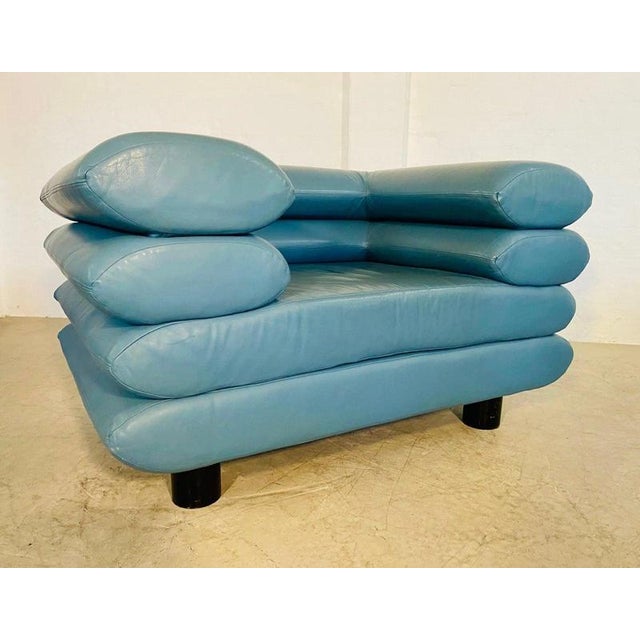 Vintage Postmodern Swedish Turquoise Leather Stacked Lounge Chair, 1980 For Sale - Image 18 of 18