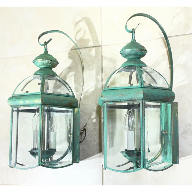 Turquoise Elegant Pair of Vintage Brass Wall Lanterns - 18”.5 X 9” For Sale - Image 8 of 16