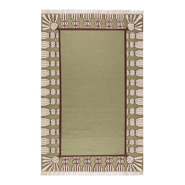 Part & Parcel Goods Wool Tassel Rug, 12' x 15', Sage, Chocolate and Eggshell For Sale