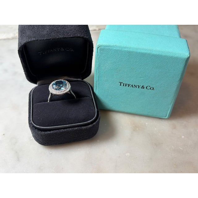 Tiffany & Co. Platinum Soleste Aquamarine & Diamond Ring 3.95ct 7.17g, Size 5 For Sale - Image 11 of 11