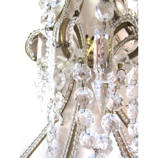 1960s Matched Pair Vintage Italian Beaded Crystal and Iron Lighted Wall Sconces For Sale - Image 9 of 11