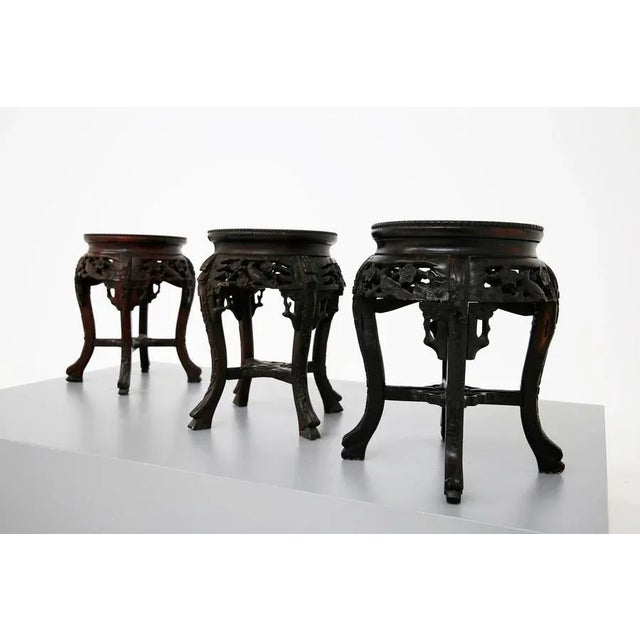 Chinese Vase Holders in Ebonized Wood with Marble Top, Set of 3 For Sale - Image 3 of 10