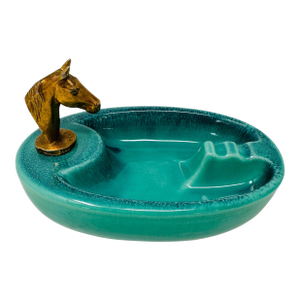 Mid Century Modern Horse Head Ashtray | Green Dip Glaze Ceramic, Majolica Style Equestrian Decor | 1950s Tobacciana