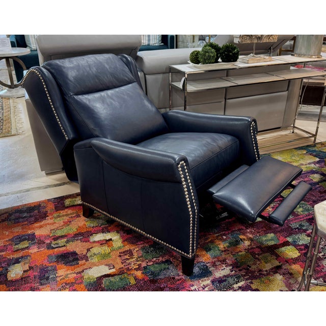 Traditional Hancock & Moore Navy Blue Leather Recliners, a Pair For Sale - Image 3 of 9