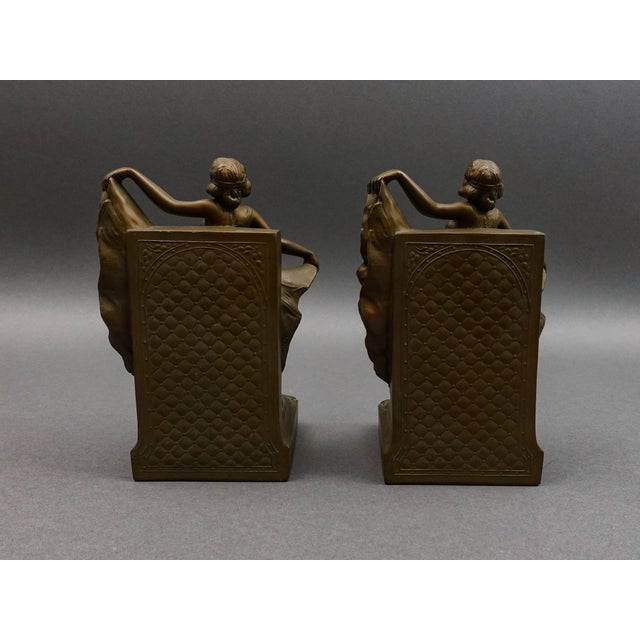 Mid-Century Modern Loie Fuller Dancing Girl Flapper Spelt Bronze Pair of Bookends For Sale - Image 3 of 9
