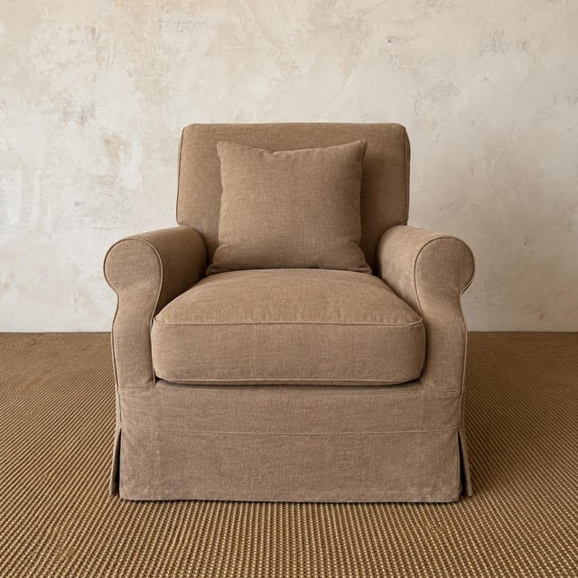 Claire Chair Slip Covered in Spice Belgian Heavy Weight Linen 34″ w x 46″ d x 35″ h Fabric: 100% Pure Belgian Linen /...