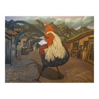 Marc Zimmerman "Make My Day" Oil Painting, Oversized Rooster in Village Street, Bold Scale, Cubist Architecture, Contemporary Art West Coast For Sale