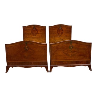 Vintage Burled Wood Twin Bed Pair - Hand Painted Floral Inlay Design - French Style. Stamped Hampton Shops For Sale