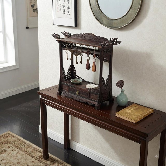 Elevate your space with this exquisite, masterfully carved vintage wooden stand, designed to blend timeless traditional...
