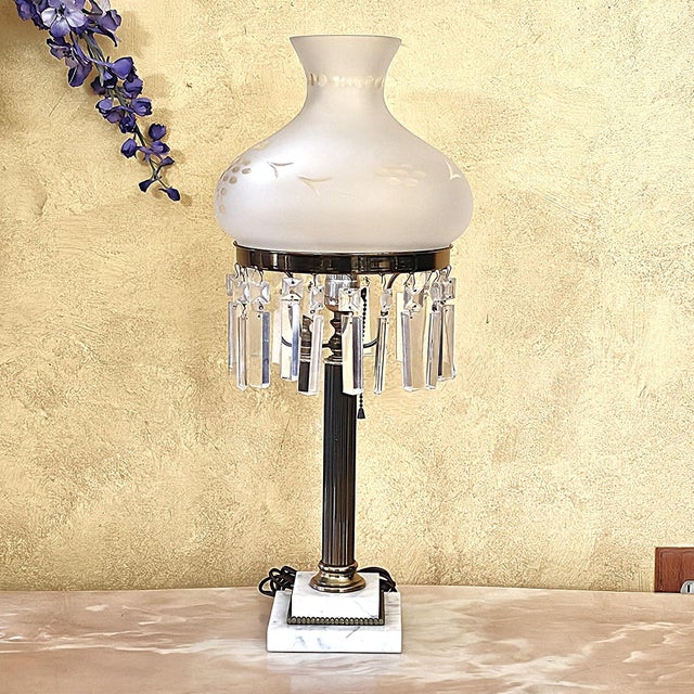 Hollywood Regency Vintage Sinumbra Astral-Style Brass, Marble & Crystal Table Lamp For Sale - Image 3 of 18