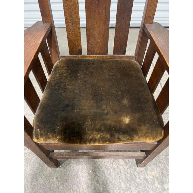 1900 - 1909 Early 1900s Antique Stickley Bros. Arts & Crafts Oak Chair With Velvet Upholstery For Sale - Image 5 of 12