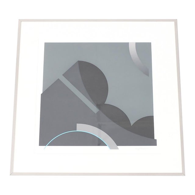 Vintage Mid Century Abstract Geometric Serigraph Print — Grayscale With Blue Accent For Sale