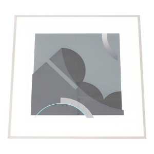 Vintage Mid Century Abstract Geometric Serigraph Print — Grayscale With Blue Accent