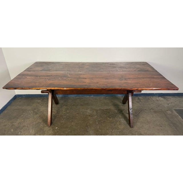 French Provincial Rustic Trestle Dining Table With Handcrafted Plank Top, Mid-20th Century For Sale - Image 3 of 9
