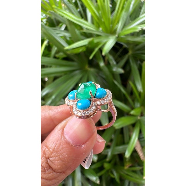 Set in 18k Gold, Art Deco Emerald Sugarloaf, Turquoise & Diamond Engagement Ring, Us Size 6 For Sale - Image 15 of 16
