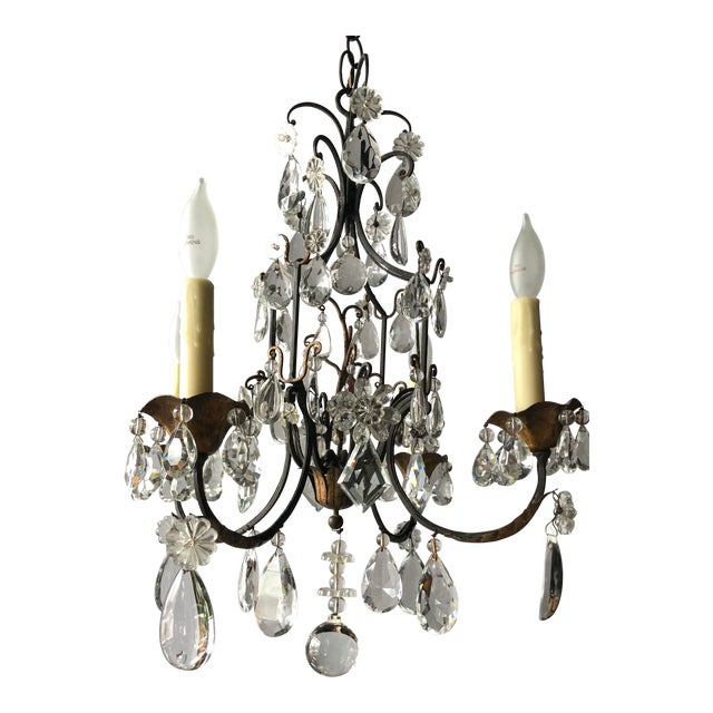 Vintage French Black Iron And Crystal Chandelier