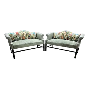 Pair of Chippendale Camelback Settees in ‘Frida’s Garden’ Chintz and Celadon Leather and Velvet