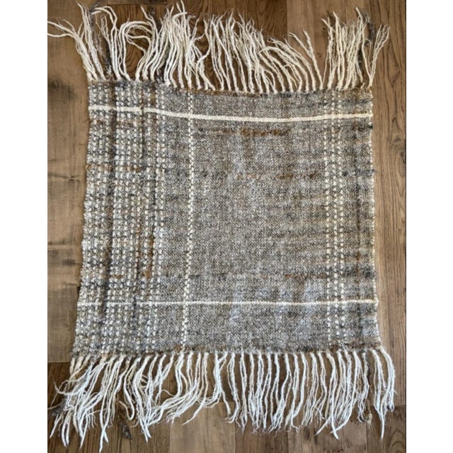 Contemporary Handwoven Wool Fiber Art Throw Blanket Gray Cream Chunky Fringe Boho Textile For Sale - Image 3 of 6