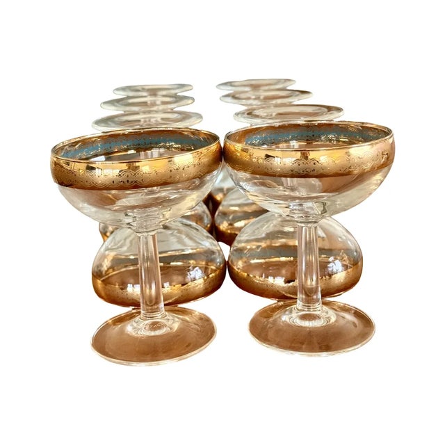 Mid 20th Century French Champagne Coupes Blue Enamel Interior Gold Encrusted - Set of 8 For Sale - Image 4 of 6