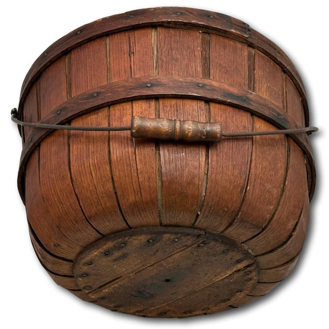 Great Antique American Hand Made Steam Bent Oak Maine Apple Farm Gathering Basket With Excellent Patina For Sale - Image 12 of 18
