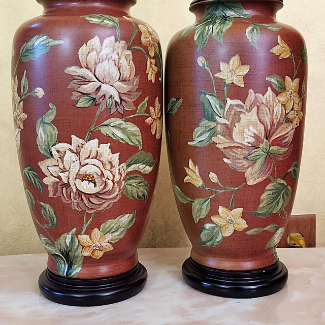 Vintage Burgundy Floral Chinoiserie Ceramic Ginger Jar Table Lamps With Shades - Pair For Sale - Image 16 of 18