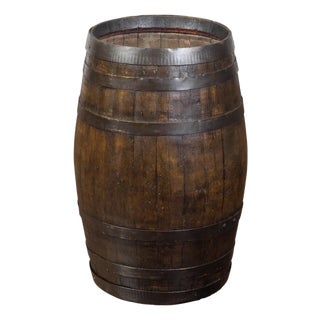 English Late 19th Century Oak Barrel with Iron Braces and Dark Patina For Sale