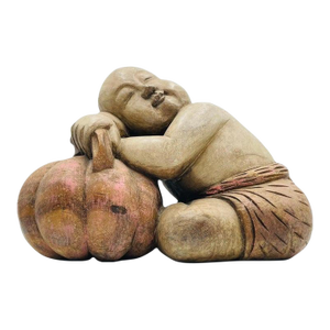 Large Carved Wood Sculpture of a Sleeping Child With Pumpkin, Southeast Asia