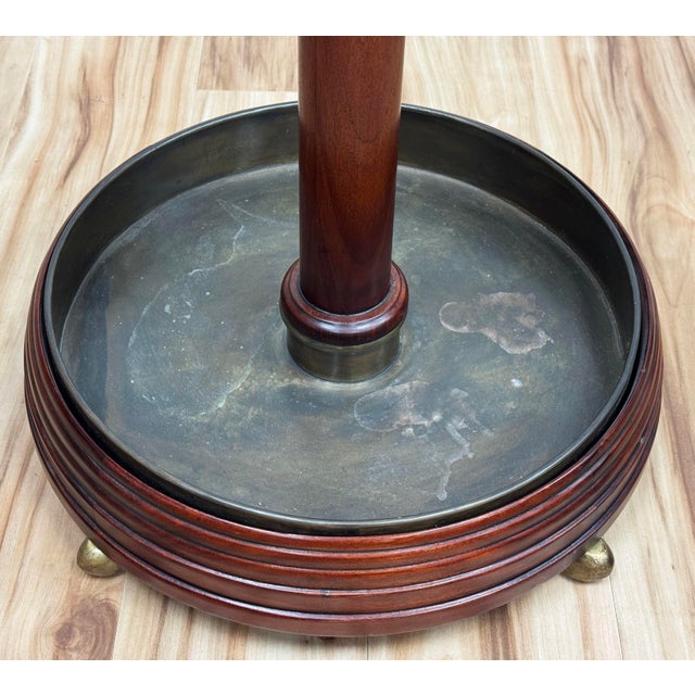Wood Vintage English Edwardian Style Round Wood and Brass Umbrella Stand For Sale - Image 7 of 9