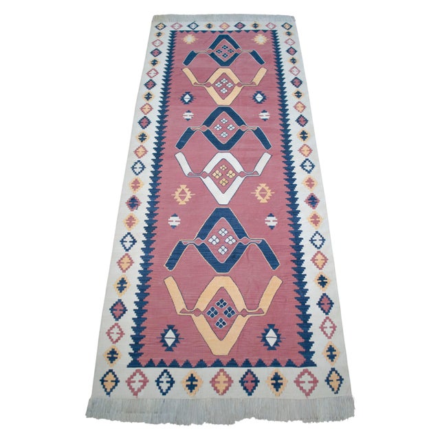 3x7 Pink Navy Silk Kilim, Modern Turkish Flatweave Runner, Handwoven Entryway Corridor Rug, Geometric Tribal Runner For Sale - Image 9 of 18