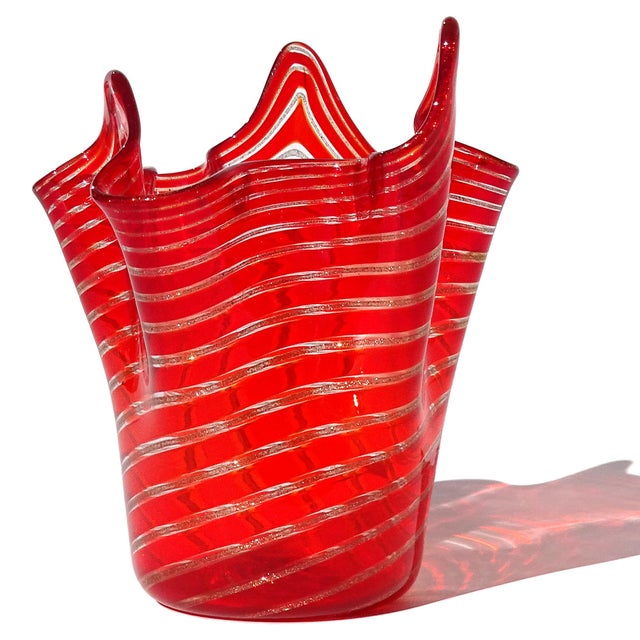 Beautiful vintage Murano hand blown bright ruby red and copper aventurine ribbons Italian art glass sculptural...