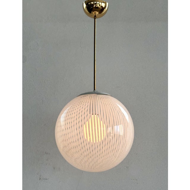 Vintage Brass Pendant with Murano Tessuto Glass Sphere from Venini, 1970s For Sale - Image 11 of 16
