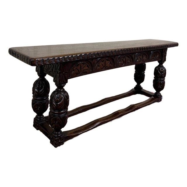 Antique English End-of-Bed Bench Window Seat Settee Carved Oak C. 1900 For Sale