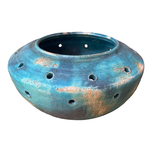 Robert Miller Signed Studio Pottery Turquoise Pierced Ikebana Bowl Vase – 7.5″ For Sale