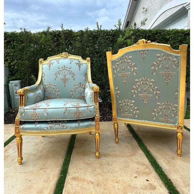 2010s French Louis XV Style Blue-Green Bergere Wing Chair Set of 2 With Gold Leaf Details For Sale - Image 5 of 10
