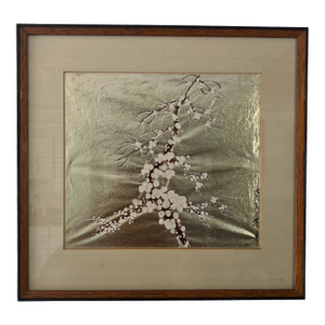 Early 20th Century Signed Antique Japanese Gouache on Gold Cherry Blossom Leave Bamboo Frame