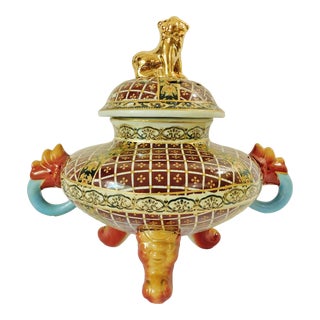 Vintage Chinese Satsuma 24k Gold Foo Dog Ceramic Footed Covered Bowl For Sale