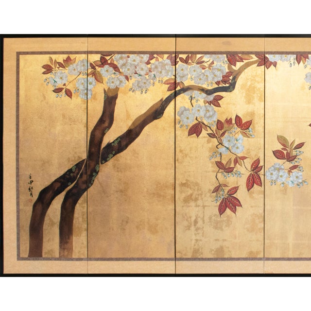 Japanese C. 1970s Chinese Six-Panel Gold Leaf Style Painted Screen "Blossoming Plum Tree" For Sale - Image 3 of 18