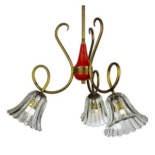 Vintage Murano Glass and Brass Chandelier, Italy, 1950s For Sale