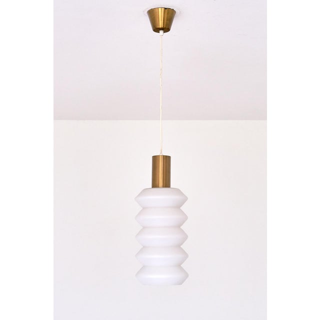 Mid-Century Modern Sculptural Swedish Modern Pendants in Opaline Glass and Brass, 1950s, Set of 2 For Sale - Image 3 of 15