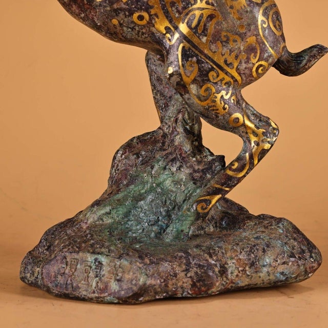 Chinoiserie Bronze Leaping Antelope Sculpture, Intricate Gold Inlaid Scroll Patterns, Archaic Chinoiserie Statue For Sale - Image 3 of 10