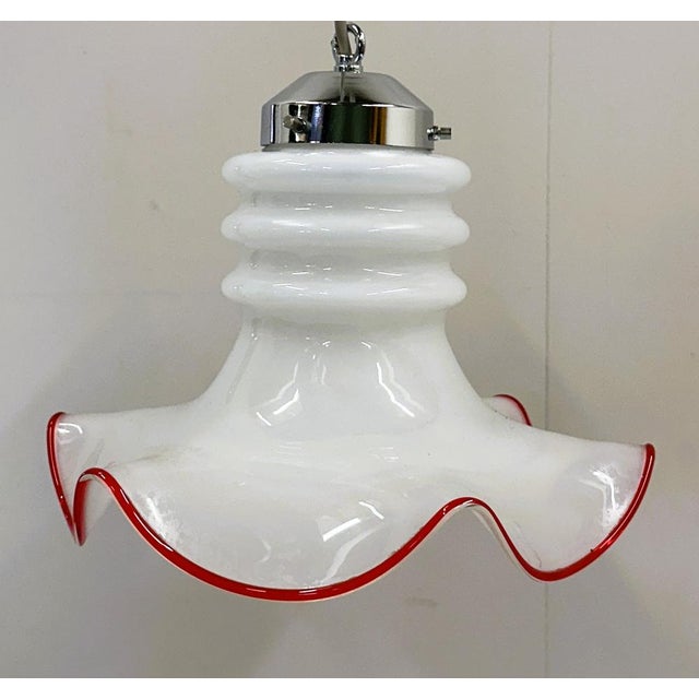 Mid-Century Modern Italian Murano Glass Pendant Lamps with Red Trim, Italy, 1970s, Set of 2 For Sale - Image 3 of 12