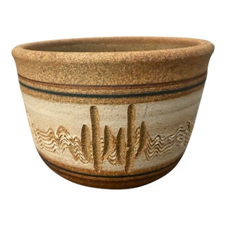 Vintage Stoneware Succulent Pot With Raised Cactus Motifs For Sale
