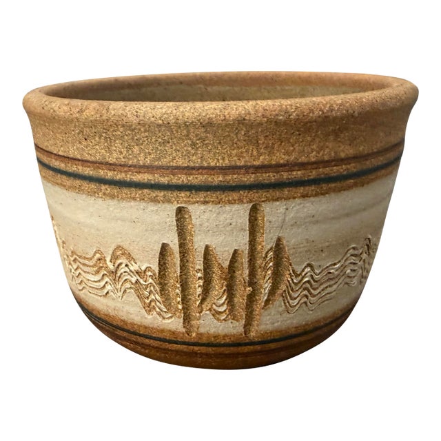 Vintage Stoneware Succulent Pot With Raised Cactus Motifs For Sale