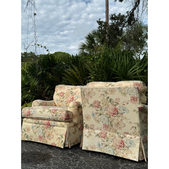 Pair of Thomasville Floral Overstuffed Lounge Chairs For Sale - Image 9 of 12