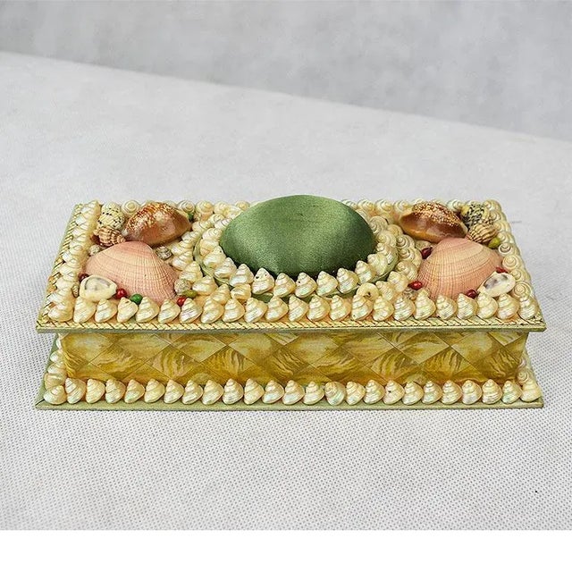 Textile Shell Encrusted Rectangular Keepsake Box With Green Silk Lid For Sale - Image 7 of 7