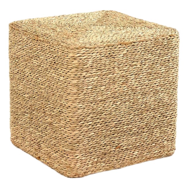 Woven Natural Seagrass Cube Pouf For Sale