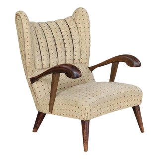 Sculpted Upholstered Walnut Lounge Chair, Prague, 1930s For Sale