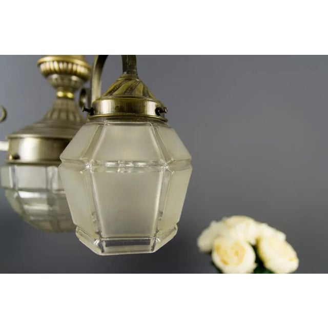 Metal Art Deco French Brass & Frosted Glass 4-Light Chandelier, 1920s For Sale - Image 7 of 18