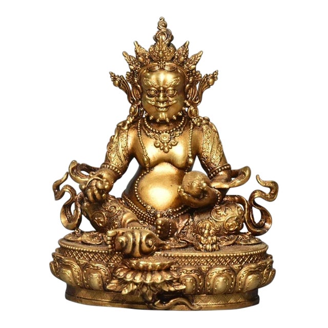 Vintage Gilt Bronze Yellow Jambhala Statue God of Wealth Altar Sculpture 4.3" For Sale