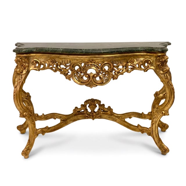 Large Scale Italian Louis XV Carved Giltwood Console Table W/ Verde Marble Top For Sale In Atlanta - Image 6 of 8